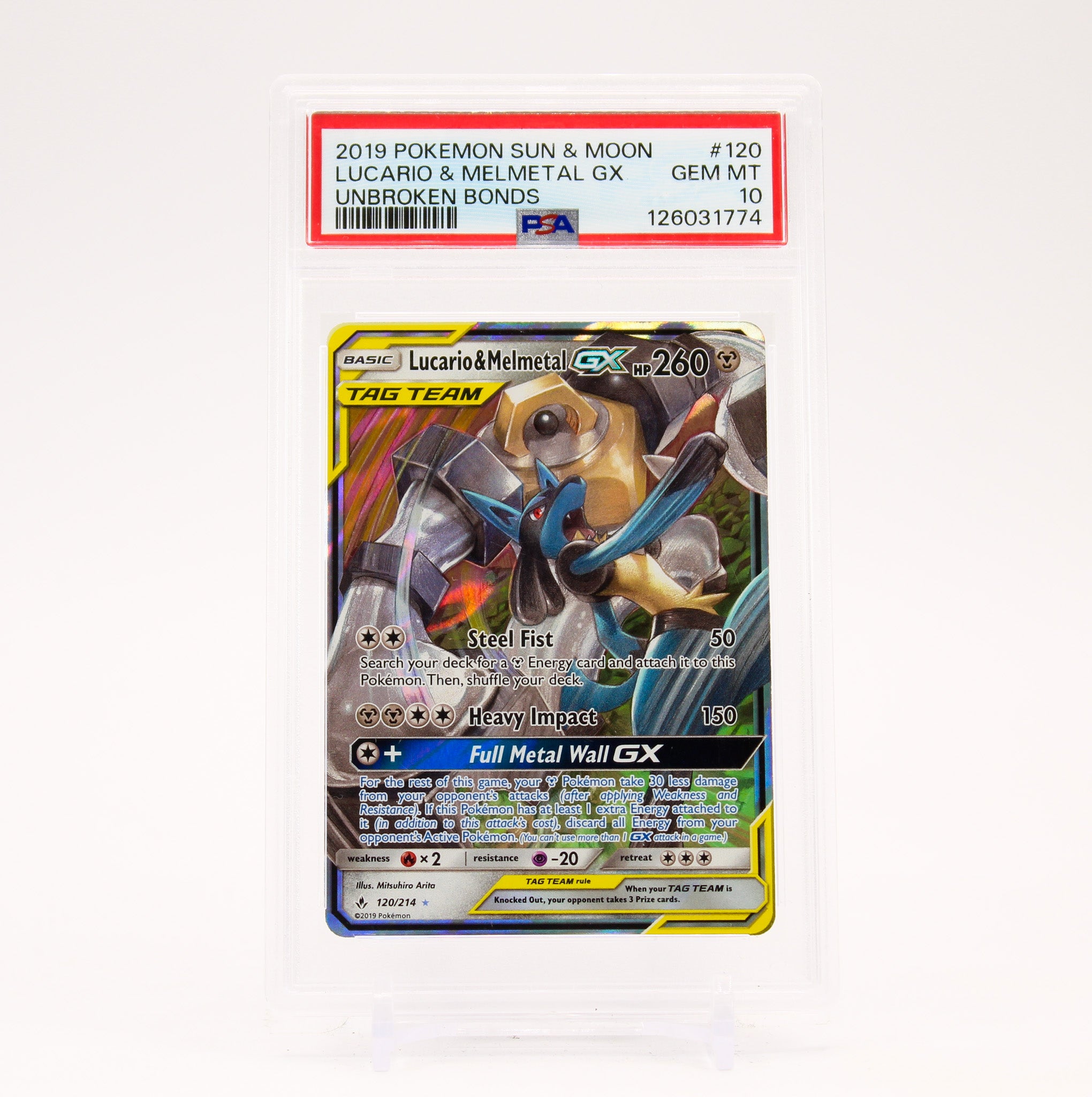Lucario & Melmetal GX - 120/214 PSA 10 Unbroken Bonds Ultra Rare Pokemon SCRATCHED CASE - GEM MT