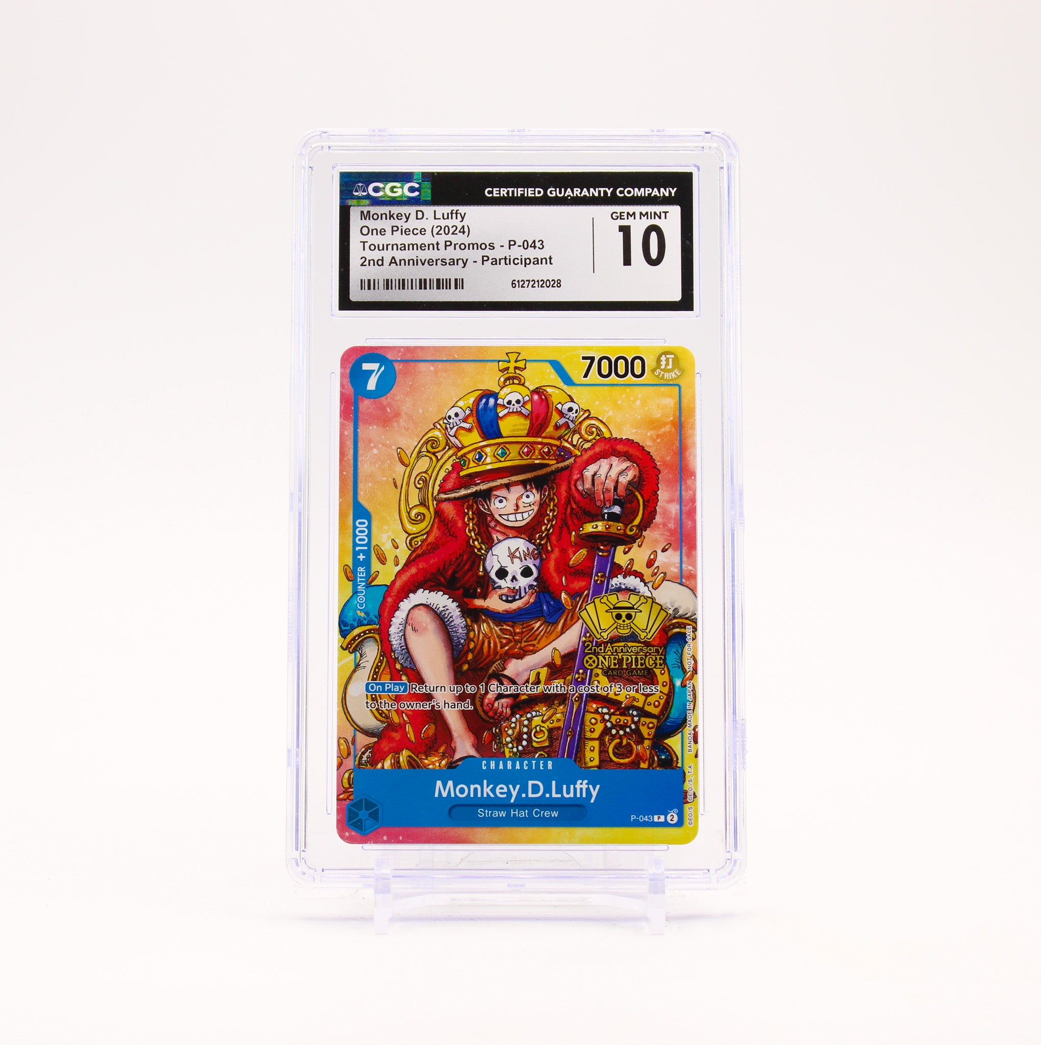 Monkey.D.Luffy - P-043 CGC 10 2nd Anniversary Tournament Promo One Piece - GEM MT