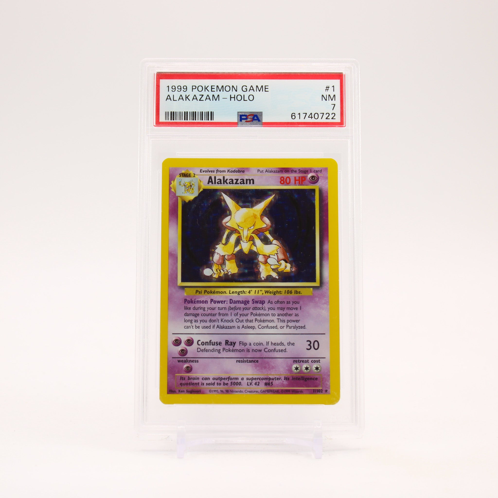 Alakazam - 1/102 PSA 7 Base Set Unlimited Holo Rare Pokemon SCUFFED CASE - NM