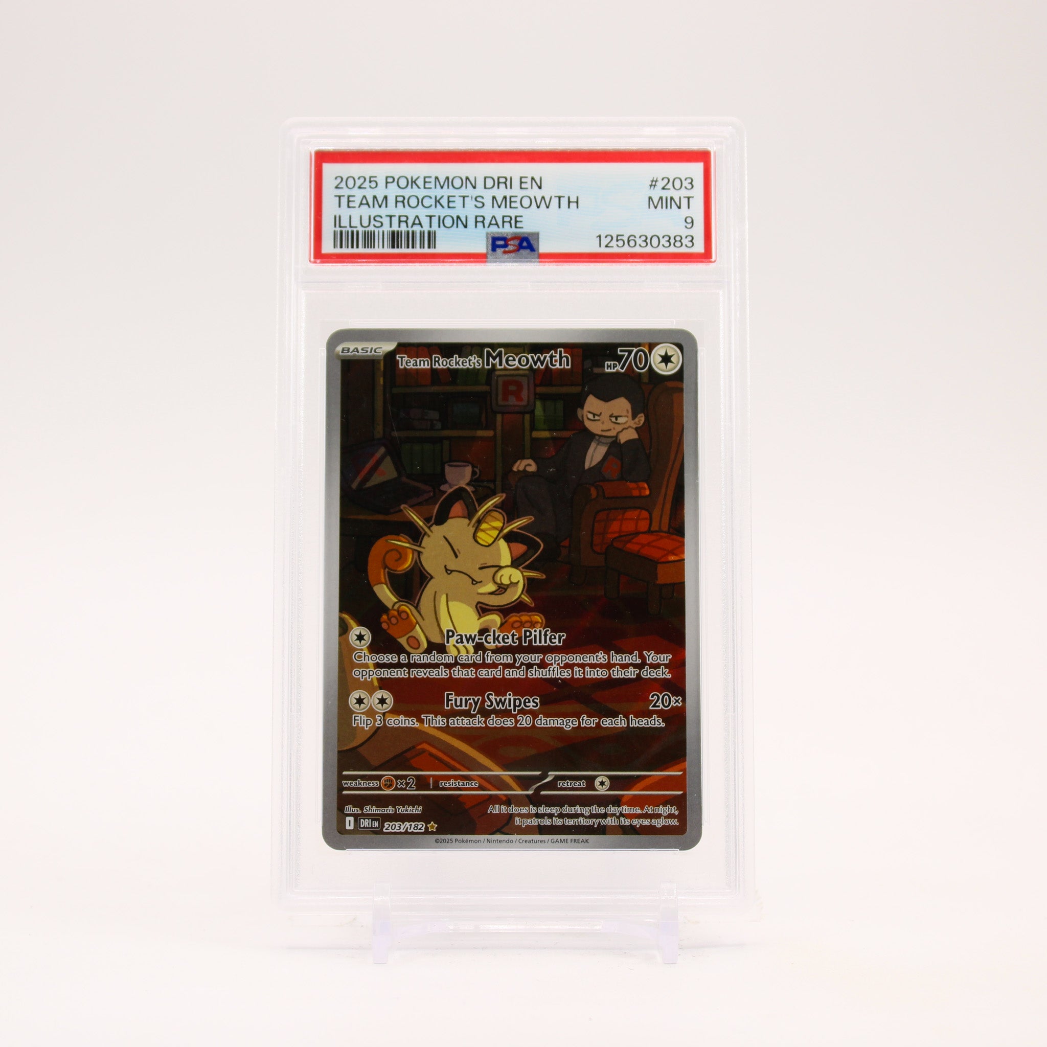 Team Rocket's Meowth - 203/182 PSA 9 Destined Rivals Illustration Rare Pokemon - MINT