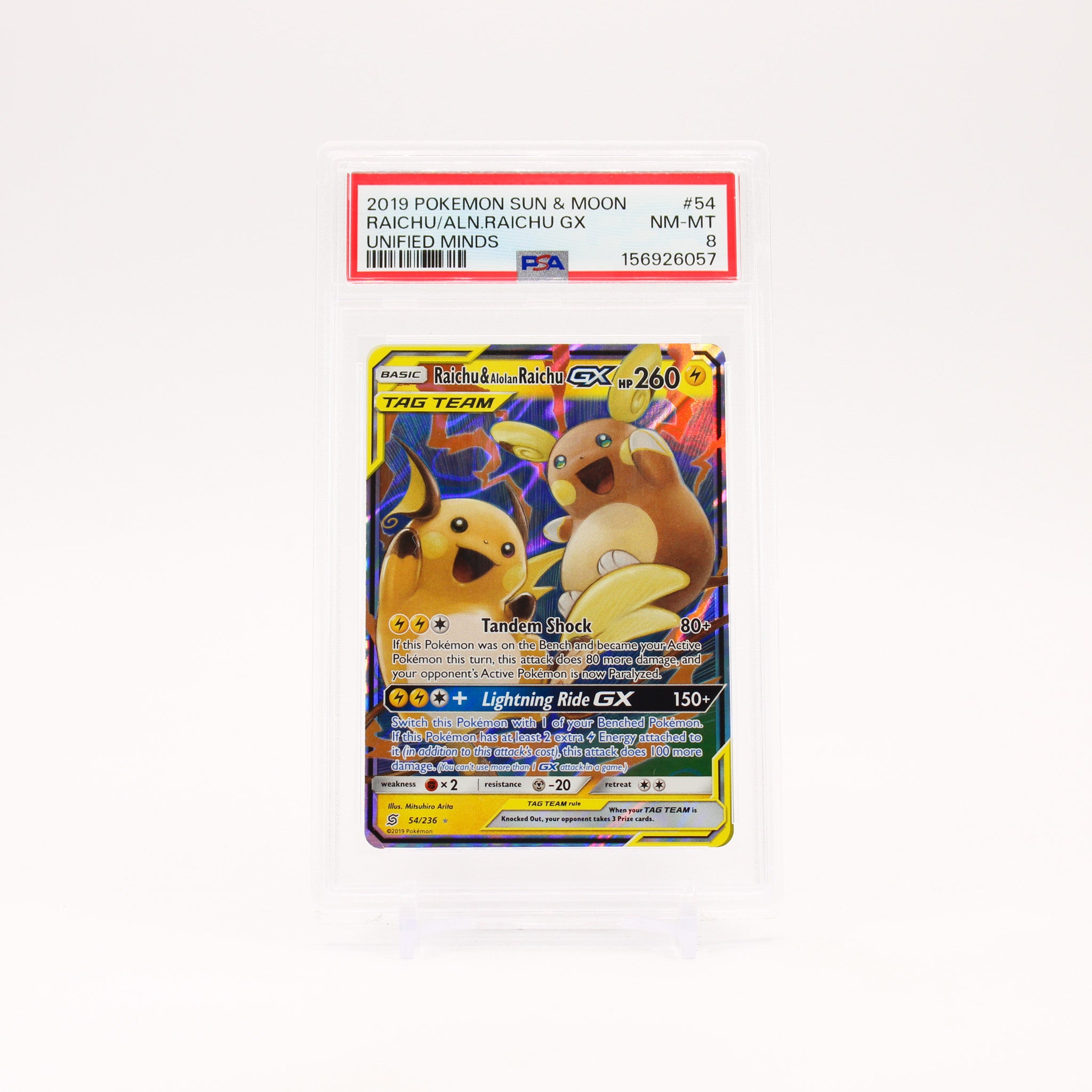 Raichu & Alolan Raichu GX - 54/326 PSA 8 Unified Minds Ultra Rare Pokemon - NM/MINT