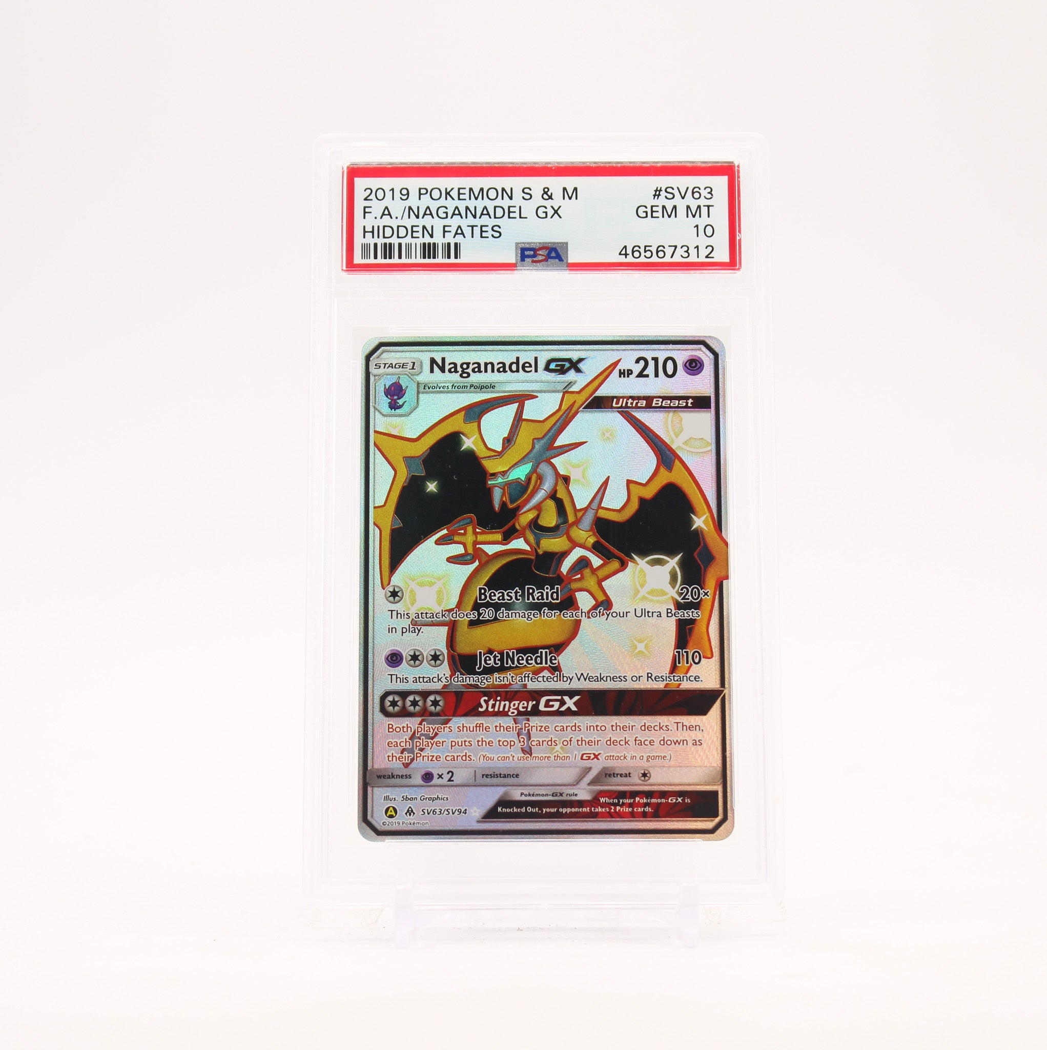 Naganadel GX - SV63/SV94 PSA 10 Hidden Fates Full Art Shiny Pokemon - GEM MT
