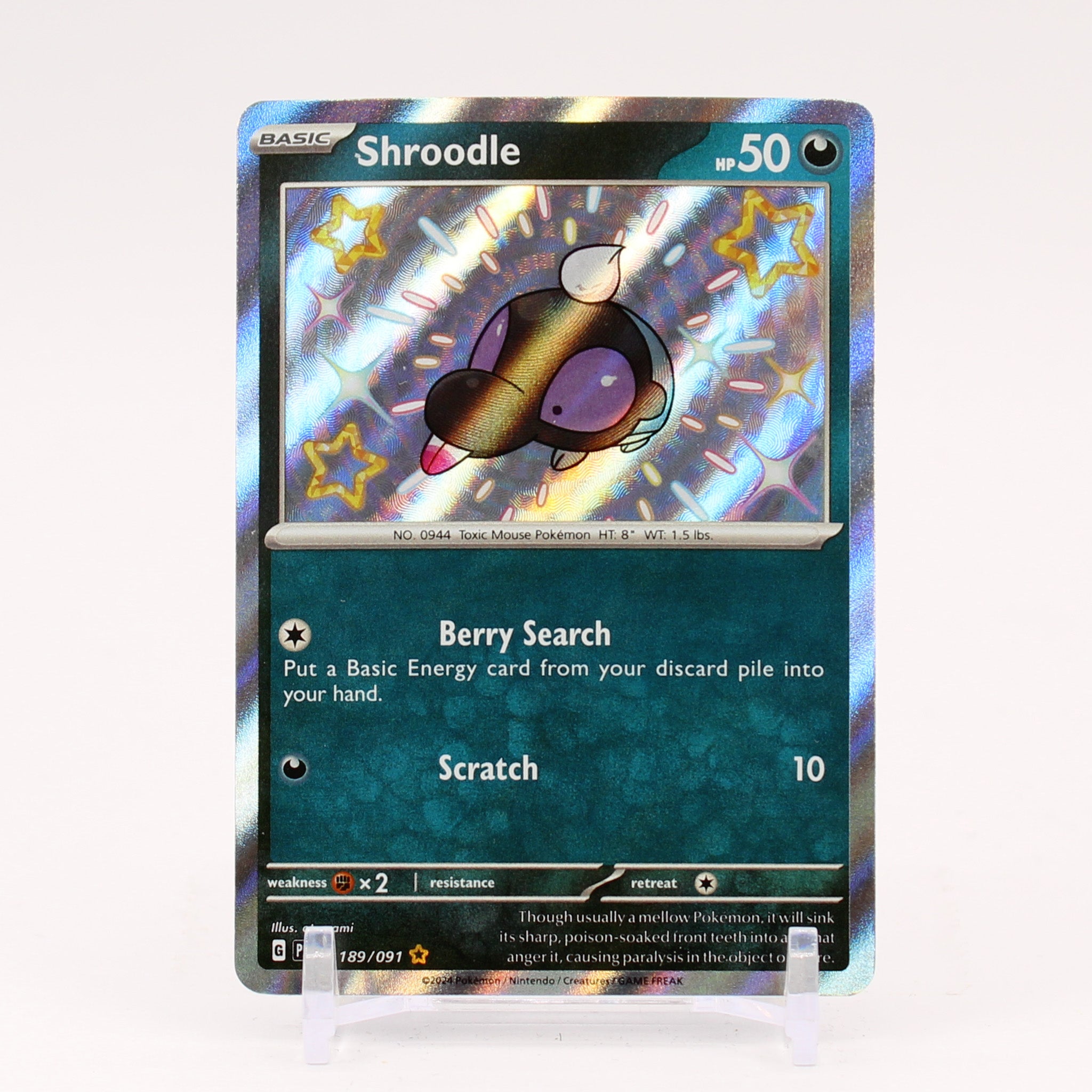 Shroodle - 189/091 Paldean Fates Baby Shiny Holo Rare Pokemon - NM/MINT