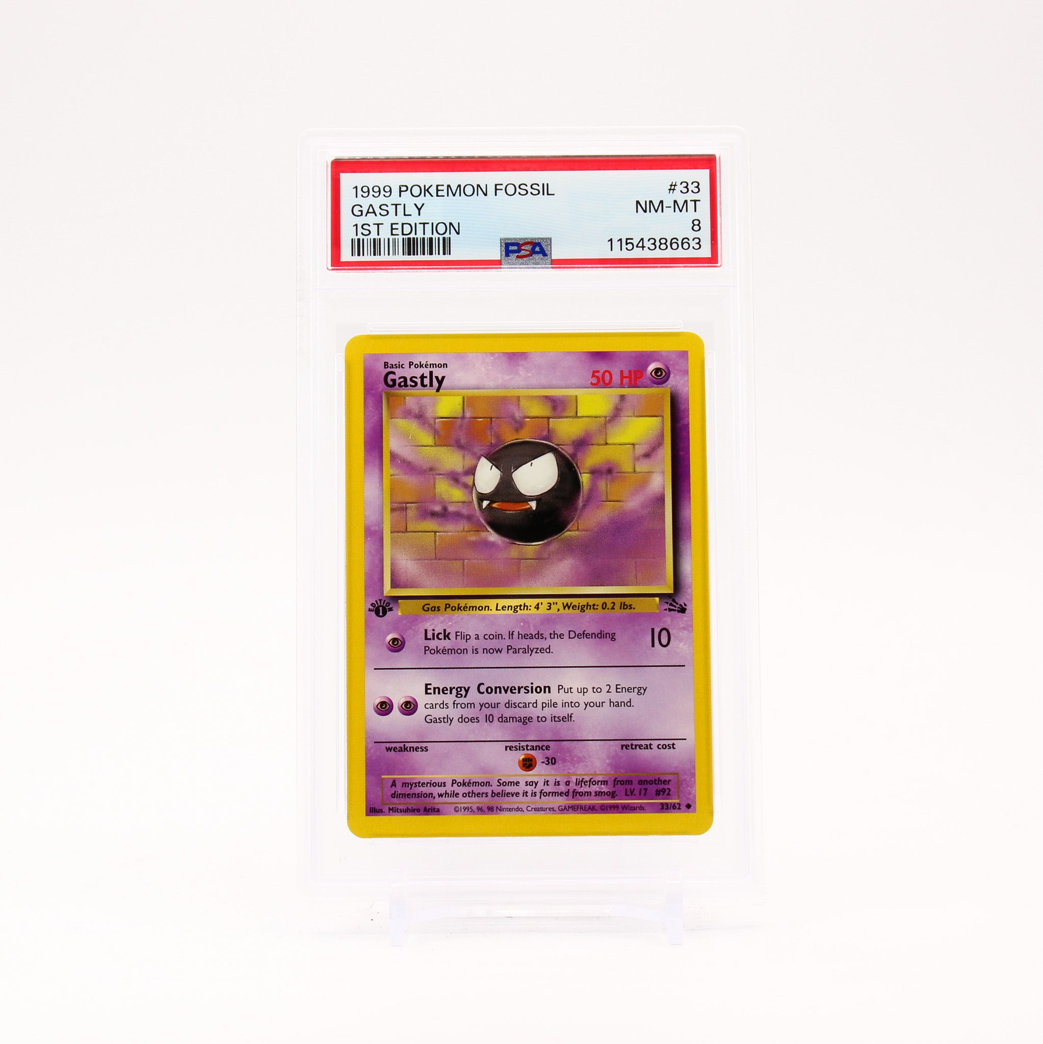 Gastly - 33/62 PSA 8 Fossil 1st Edition Uncommon Pokemon - NM/MINT