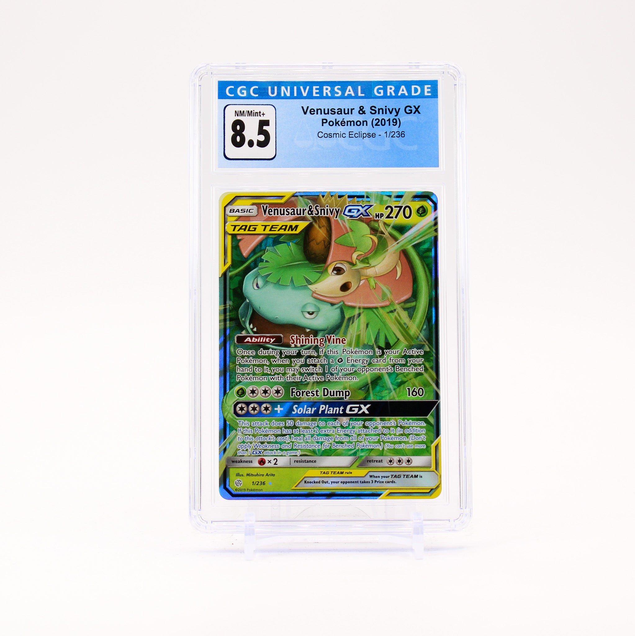 Veusaur & Snivy GX - 1/236 CGC 8.5 Cosmic Eclipse Ultra Rare Pokemon - NM/MINT+