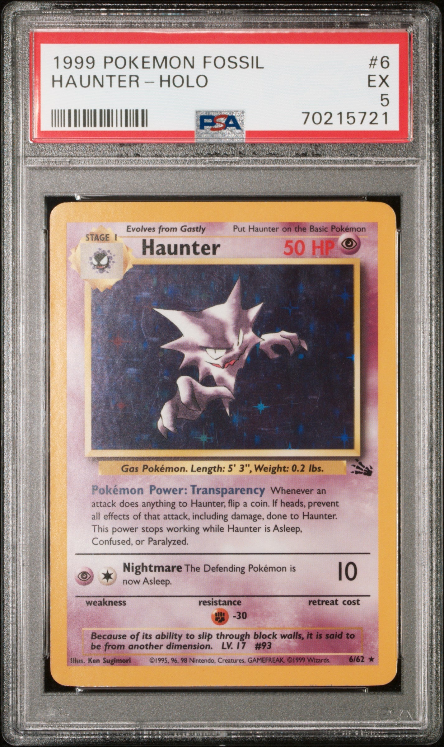 Haunter - 6/62 PSA 5 Fossil Unlimited Holo Rare Pokemon - EX