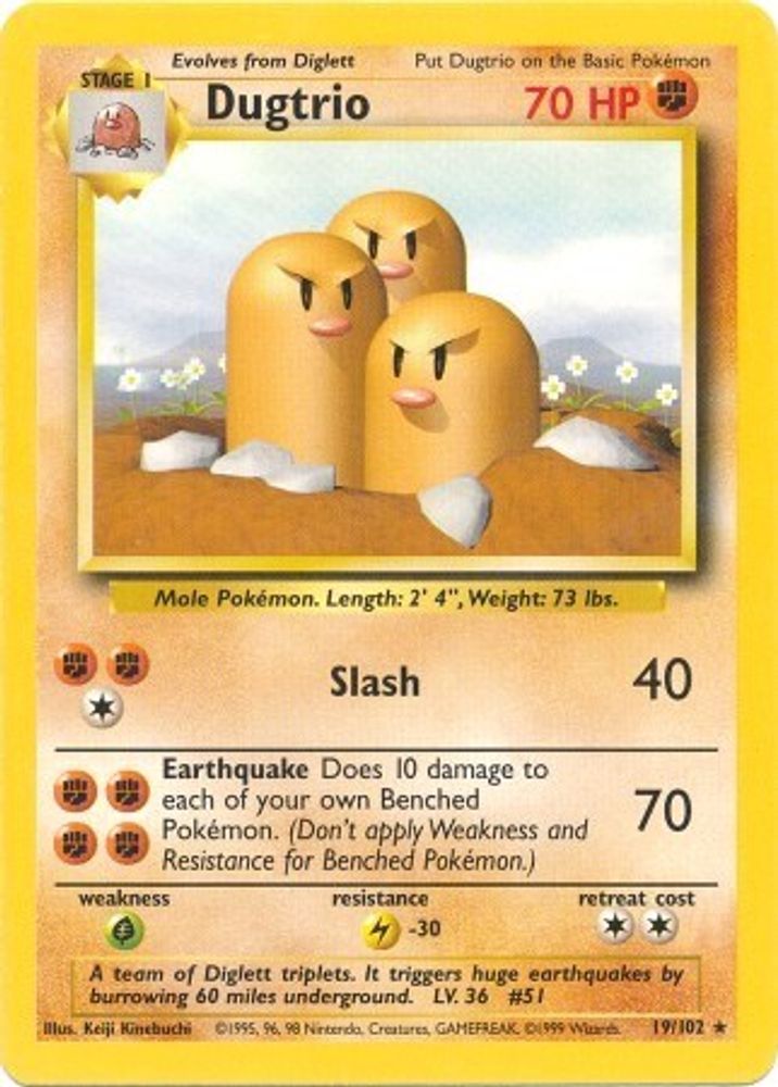 Dugtrio - 19/102 Base Set Unlimited Rare Pokemon - NM