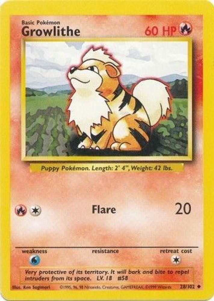 Growlithe - 28/102 Base Set Unlimited Uncommon Pokemon - NM