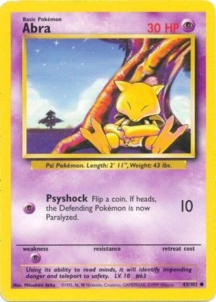 Abra - 43/102 Base Set Unlimited Common Pokemon - NM