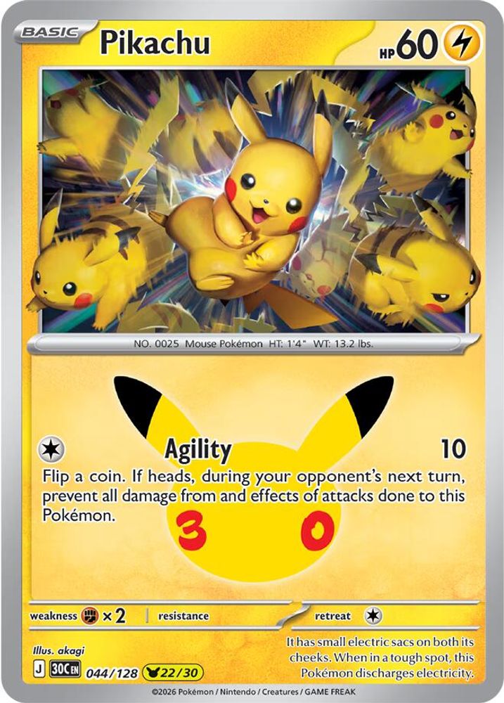 Pikachu - 044/128 ME: 30th Celebration Pikachu Rare Holo Pokemon - NM