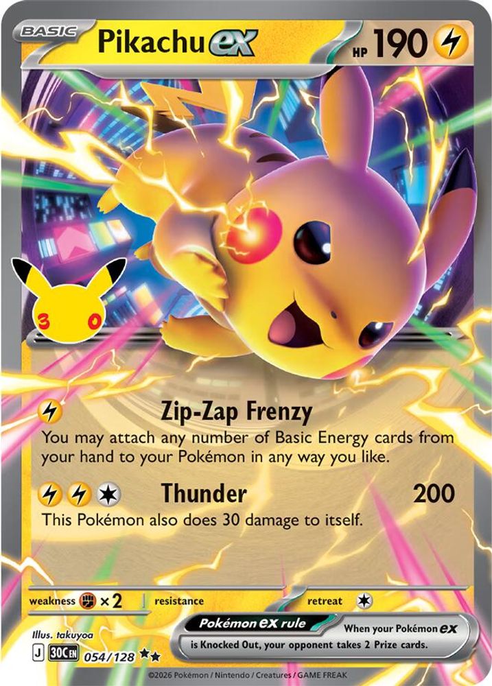 Pikachu ex - 054/128 ME: 30th Celebration Double Rare Holo Pokemon - NM