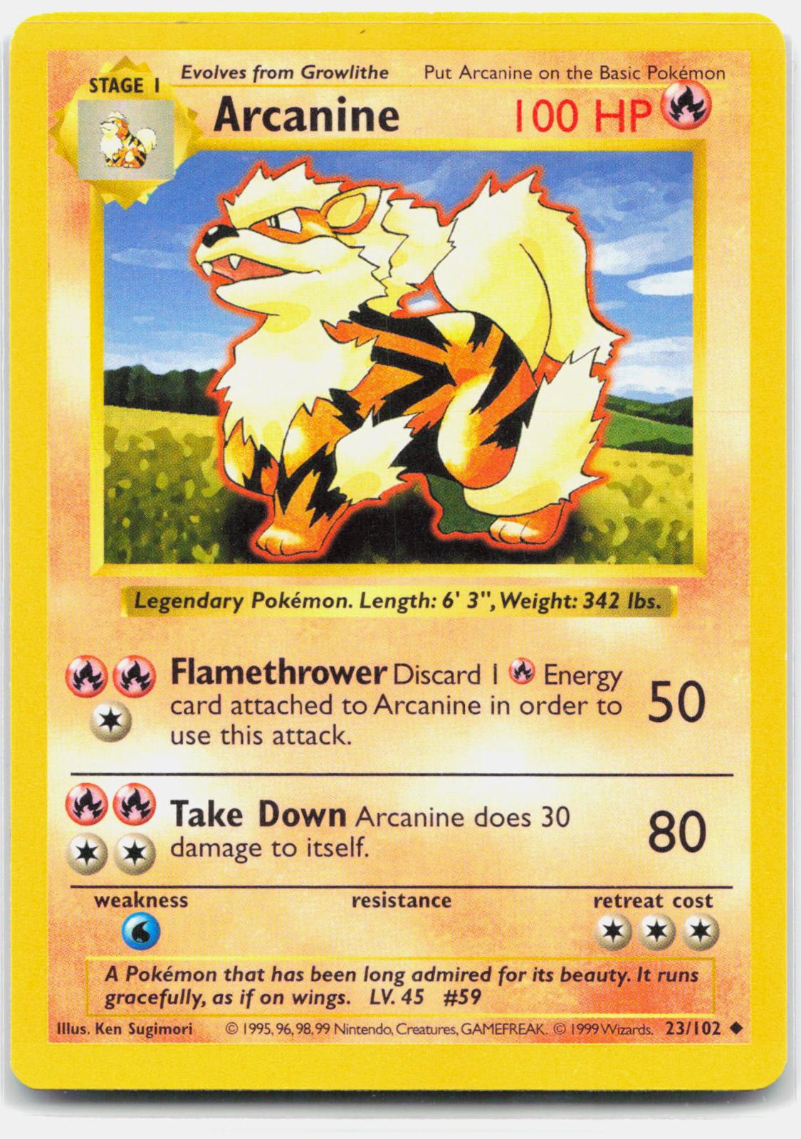 Arcanine - 23/102 Base Set Shadowless Unlimited Uncommon Pokemon - LP