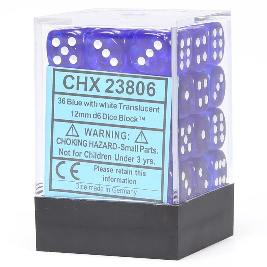 Chessex 12mm D6 Dice - Translucent Blue/White (36 Count)