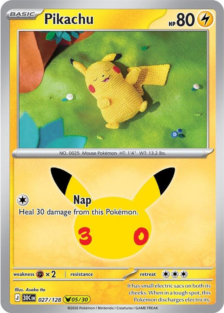 Pikachu - 027/128 ME: 30th Celebration Pikachu Rare Holo Pokemon - NM