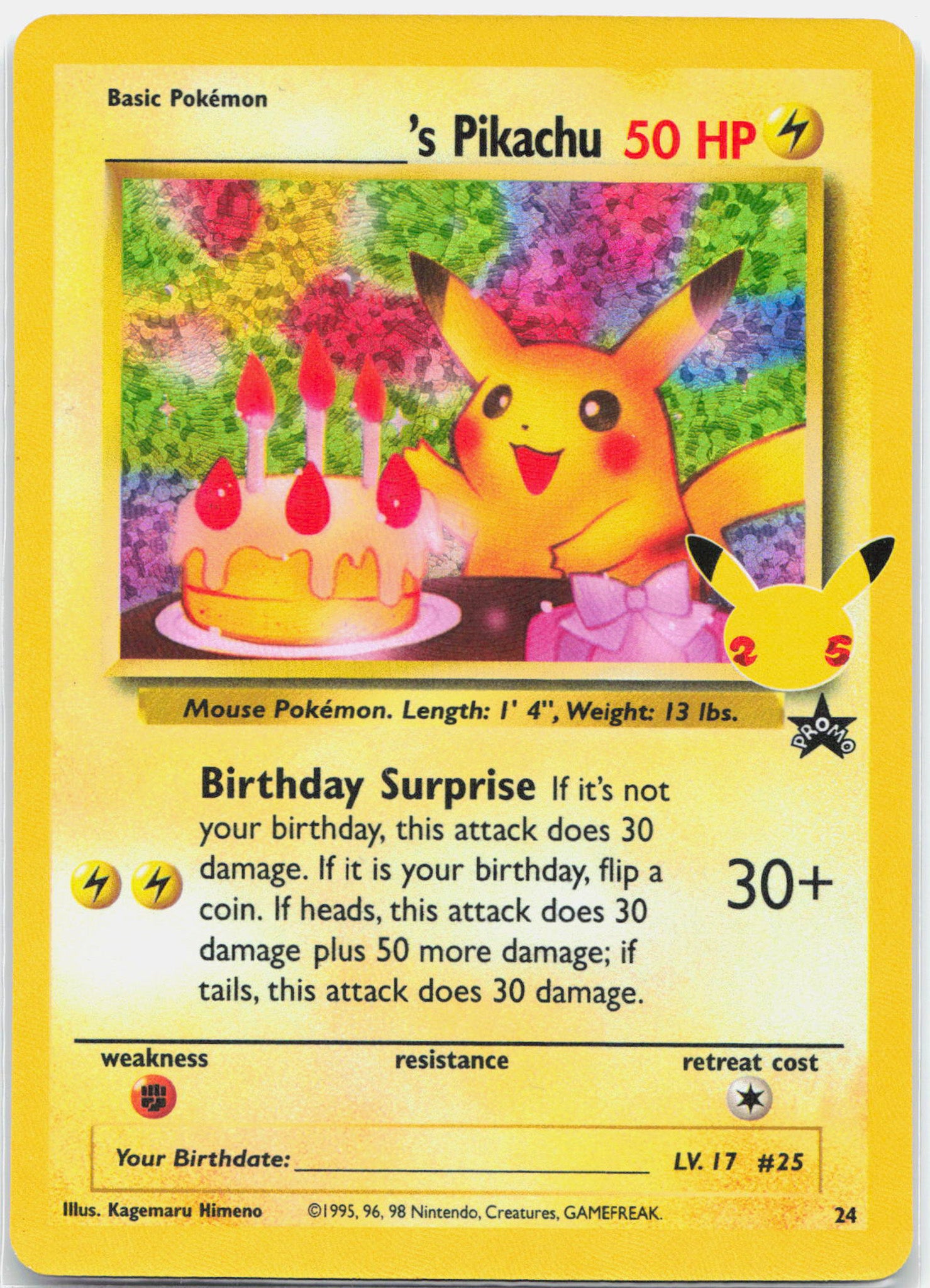 Birthday Pikachu - 24 Celebrations 25th Classic Collection Holo Pokemon - NM/LP
