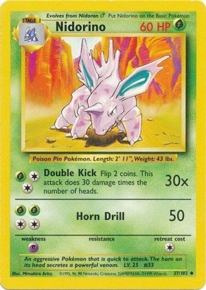 Nidorino - 37/102 Base Set Unlimited Uncommon Pokemon - NM