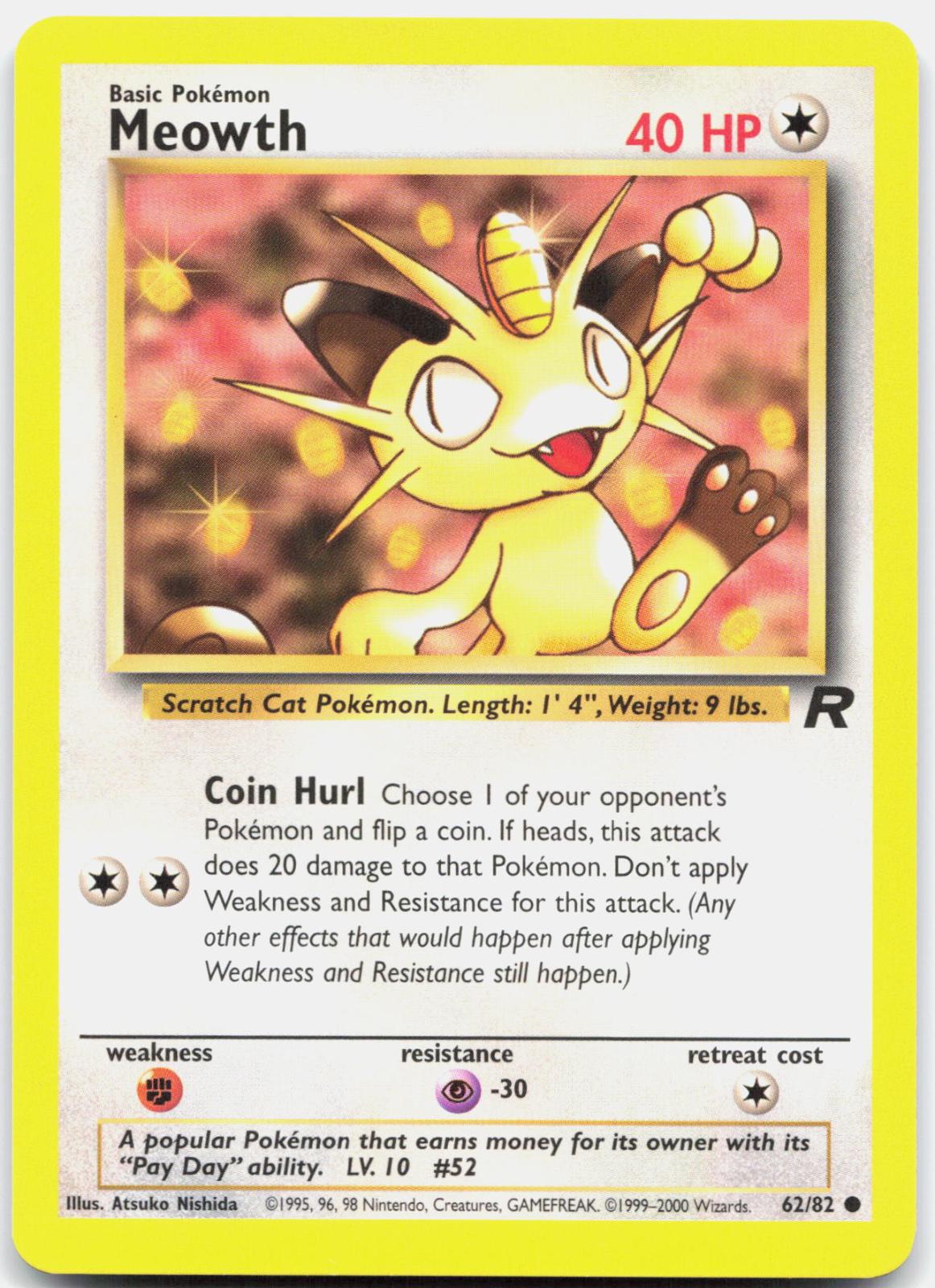 Meowth - 62/82 Team Rocket Common Unlimited Pokemon - NM