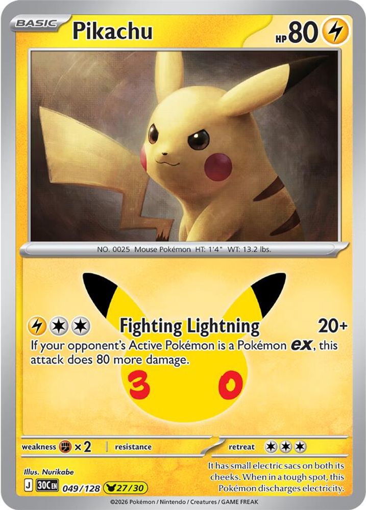 Pikachu - 049/128 ME: 30th Celebration Pikachu Rare Holo Pokemon - NM