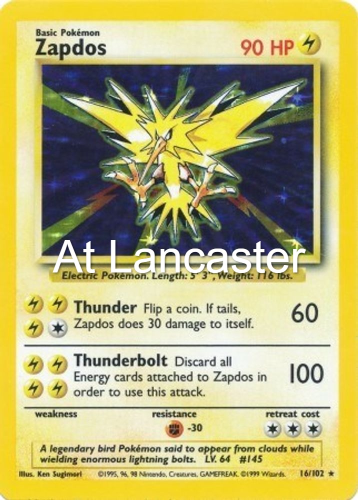Zapdos - 16/102 Base Set Unlimited Holo Rare Pokemon - MP/HP (Lanc)