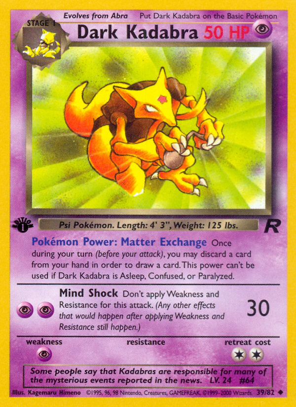 Dark Kadabra - 39/82 Team Rocket Uncommon 1st Edition Pokemon - NM