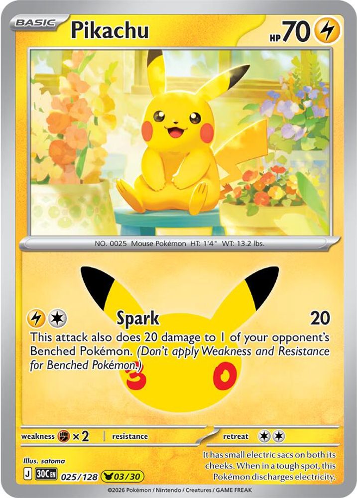 Pikachu - 025/128 ME: 30th Celebration Pikachu Rare Holo Pokemon - NM