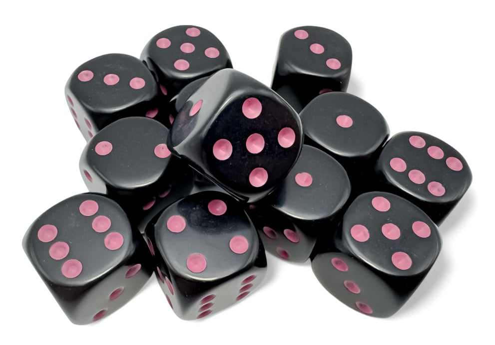 Chessex 16mm D6 Dice - Opaque Black/Pink (12 Count)