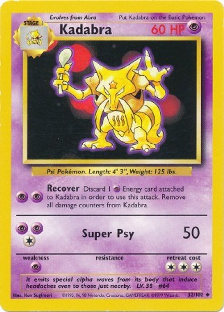 Kadabra - 32/102 Base Set Unlimited Uncommon Pokemon - NM