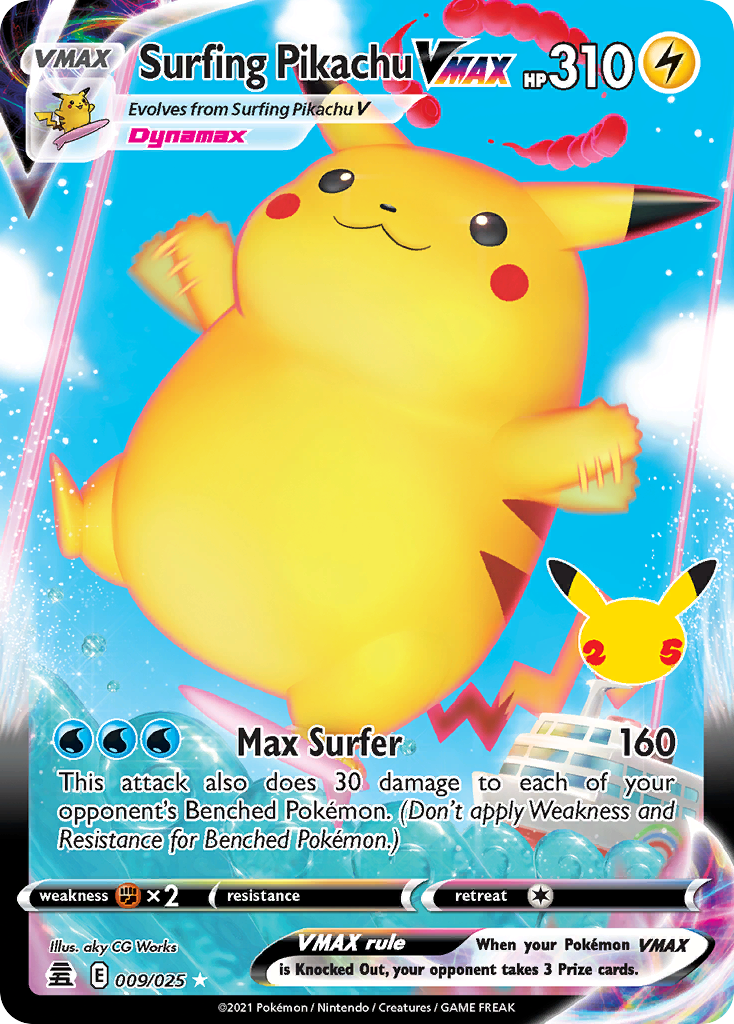 Surfing Pikachu VMAX - 009/025 Celebrations Holo VMAX Rare Pokemon - NM