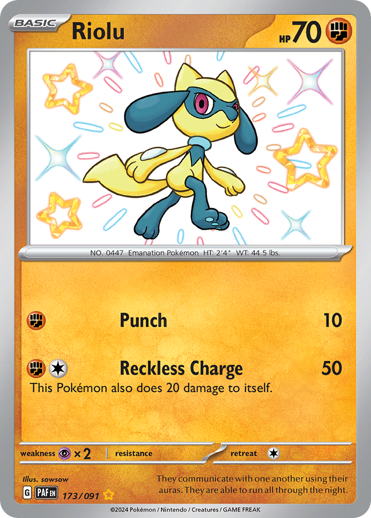 Riolu - 173/091 Paldean Fates Shiny Rare Holo Pokemon - NM