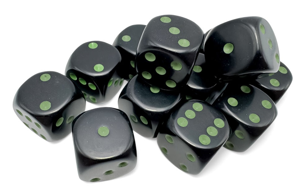 Chessex 16mm D6 Dice - Opaque Black/Green (12 Count)