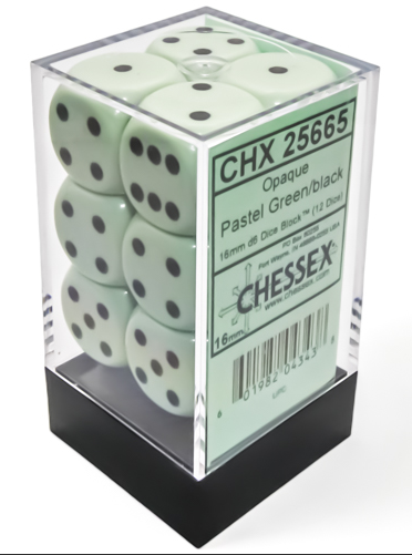 Chessex 16mm D6 Dice - Opaque Green/Black (12 Count)