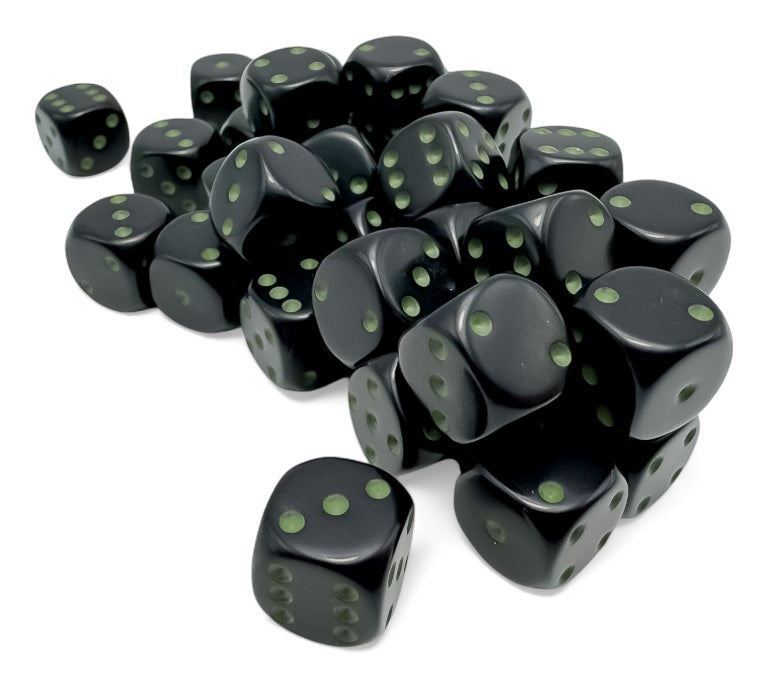 Chessex 12mm D6 Dice - Opaque Black/Green (36 Count)