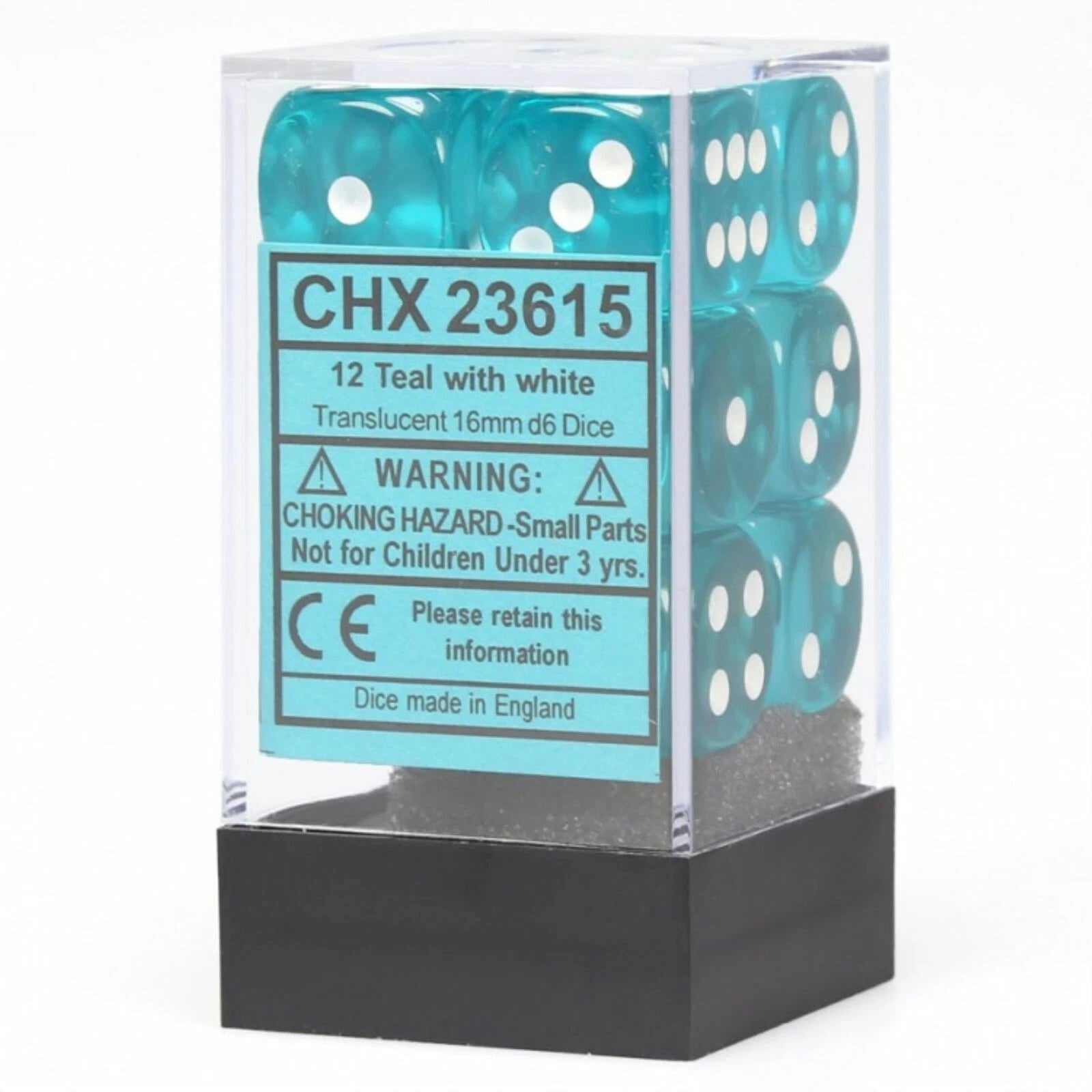 Chessex 12mm D6 Dice - Translucent Teal/White (36 Count)