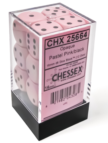 Chessex 16mm D6 Dice - Opaque Pink/Black (12 Count)