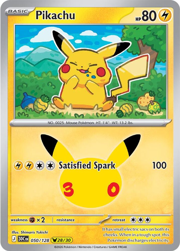 Pikachu - 050/128 ME: 30th Celebration Pikachu Rare Holo Pokemon - NM