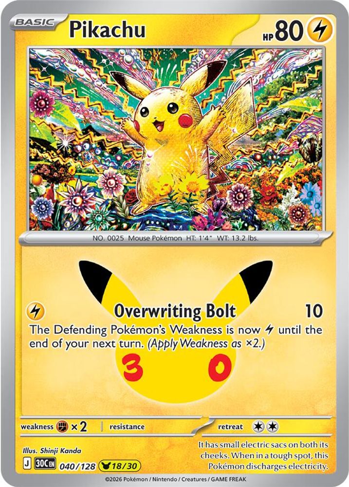 Pikachu - 040/128 ME: 30th Celebration Pikachu Rare Holo Pokemon - NM