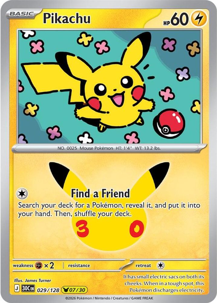 Pikachu - 029/128 ME: 30th Celebration Pikachu Rare Holo Pokemon - NM