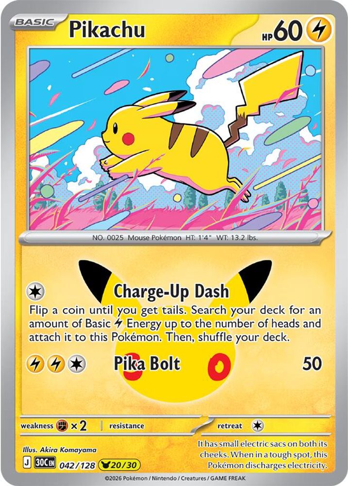 Pikachu - 042/128 ME: 30th Celebration Pikachu Rare Holo Pokemon - NM