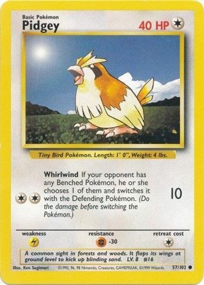 Pidgey - 57/102 Base Set Unlimited Common Pokemon - NM