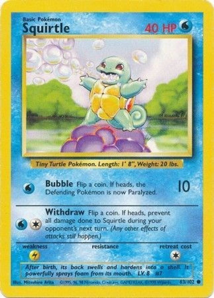 Squirtle - 63/102 Base Set Unlimited Common Pokemon - NM