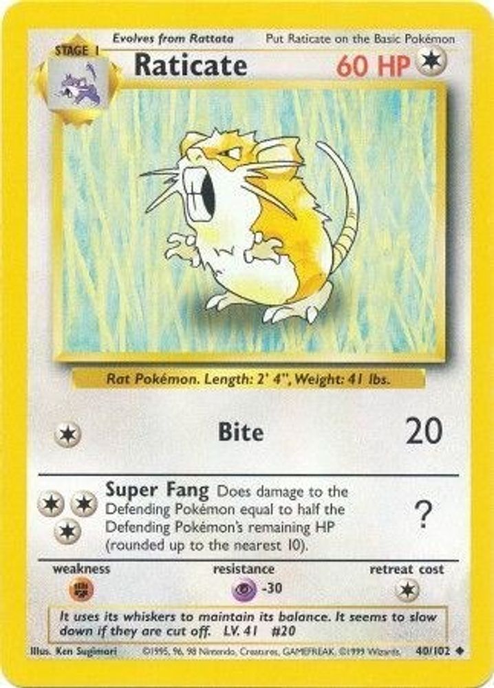 Raticate - 40/102 Base Set Unlimited Uncommon Pokemon - NM