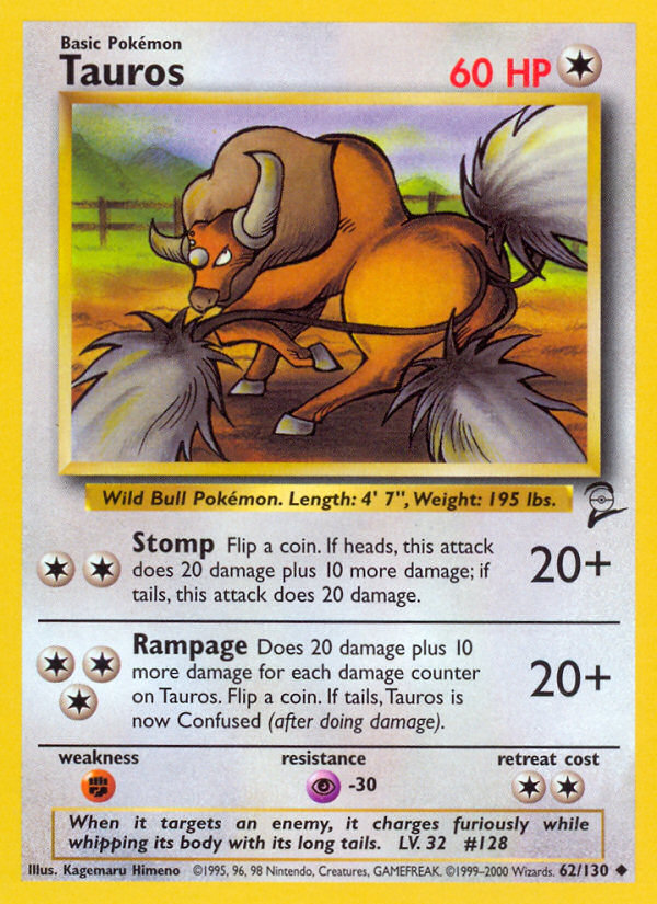 Tauros - 62/130 Base Set 2 Uncommon Pokemon - NM