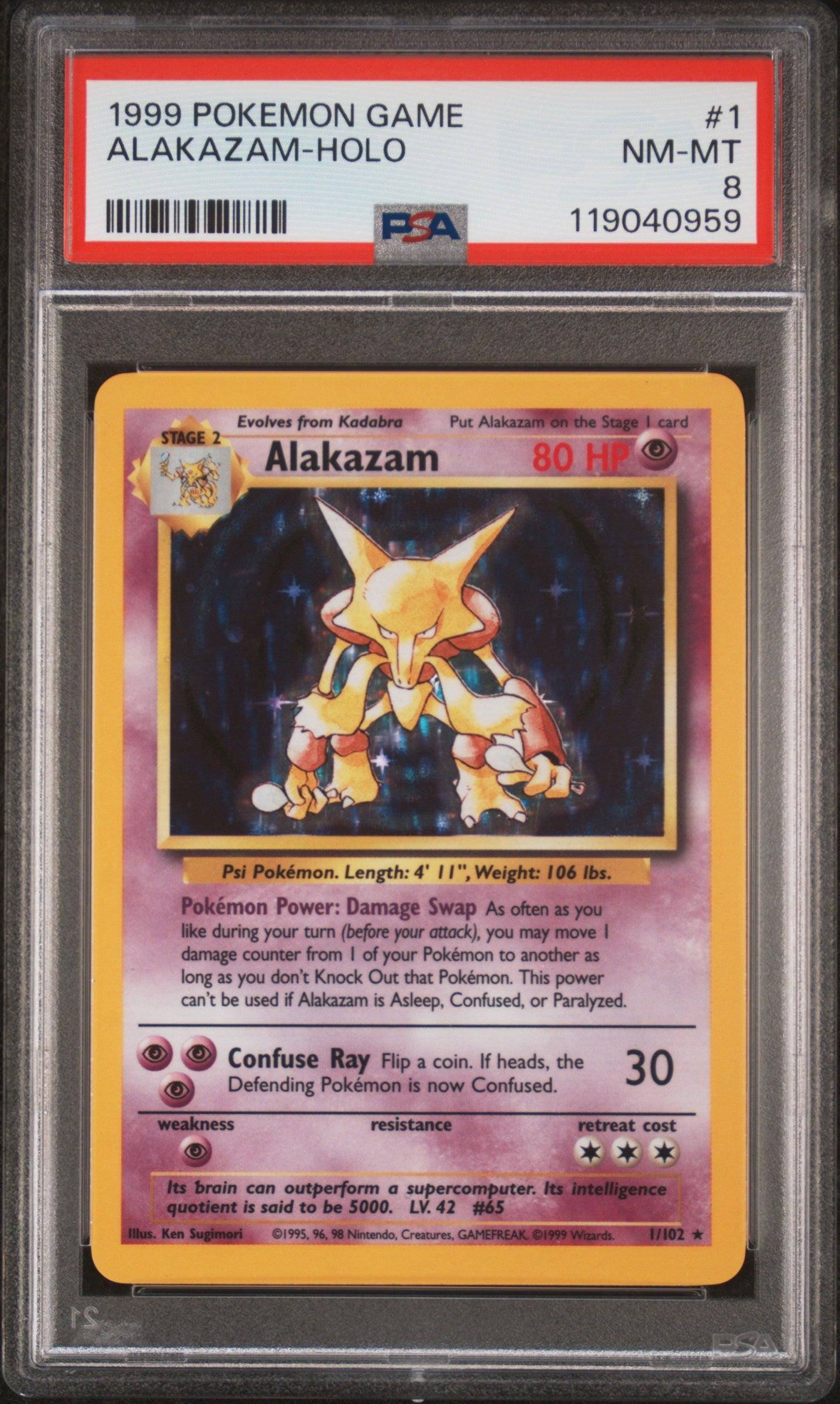 Alakazam - 1/102 PSA 8 Base Set Unlimited Holo Rare Pokemon - NM/MINT
