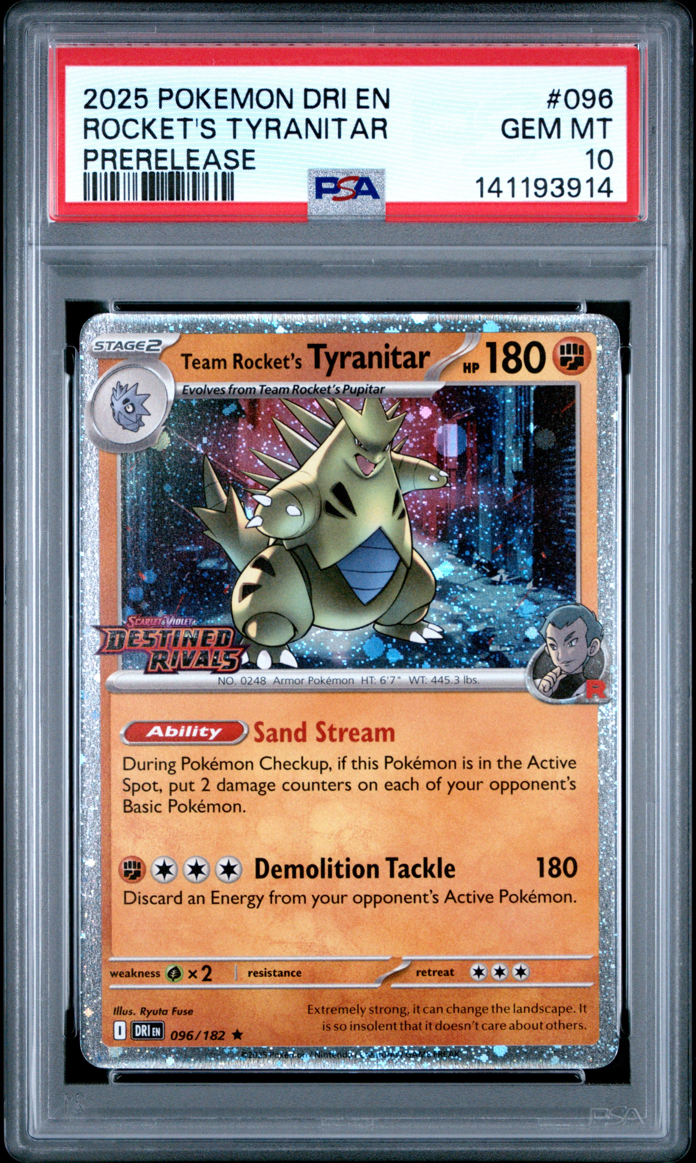 Team Rocket's Tyranitar - 096/182 PSA 10 Destined Rivals Prerelease Promo Pokemon - GEM MINT