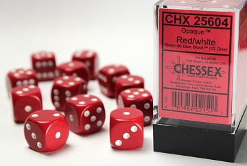 Chessex 16mm D6 Dice - Opaque Red/White (12 Count)
