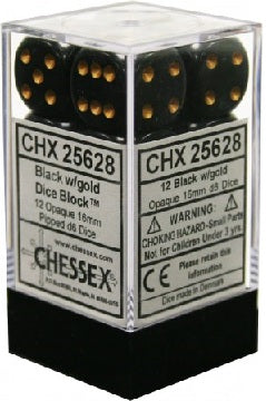 Chessex 16mm D6 Dice - Opaque Black/Gold (12 Count)