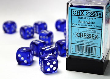 Chessex 16mm D6 Dice - Translucent Blue/White (12 Count)