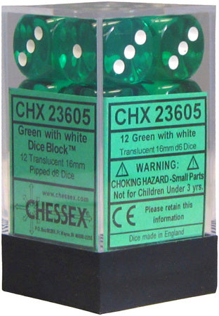 Chessex 16mm D6 Dice - Translucent Green/White (12 Count)