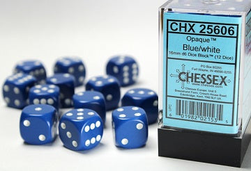 Chessex 16mm D6 Dice - Opaque Blue/White (12 Count)