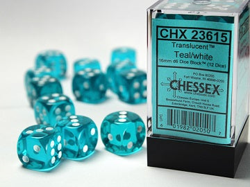Chessex 16mm D6 Dice - Translucent Teal/White (12 Count)